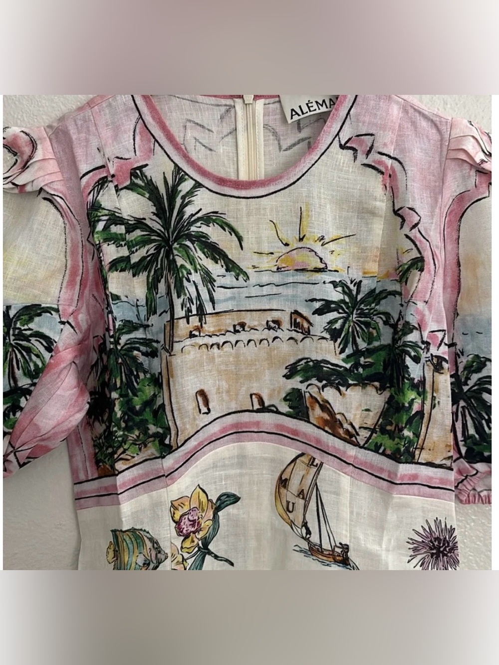 ALEMAIS Sunset Puff-Sleeve Printed Linen Midi Dress 6 - Picture 7 of 7